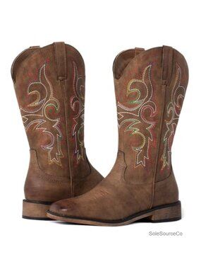 Square Toe Western Cowboy Boots Faux Leather Embroidered